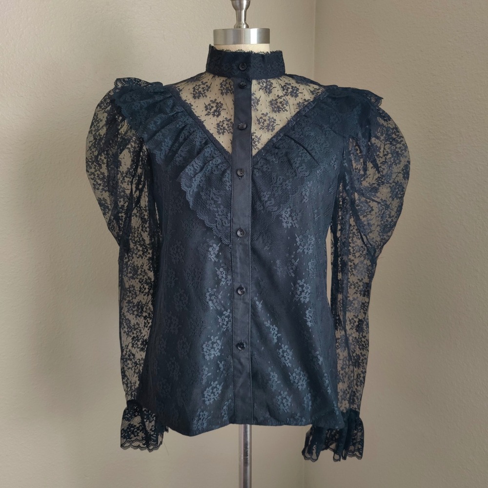 Vintage 70s Victorian Gothic Lace Blouse Leg of Mutton Sleeve Western Collection